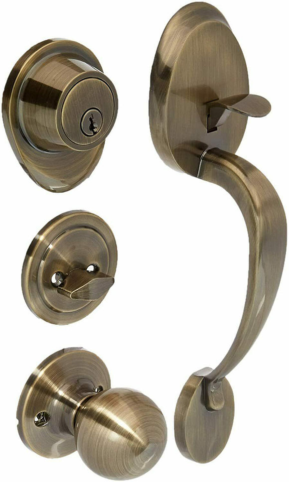 Discount clearance closeout open box and discontinued Ultra Hardware Hardware | Ultra Hardware Sturbridge Combo Handleset and Deadbolt For Front Door, Antique Brass