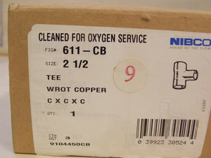 Nibco Tee 2.5" C x C x C Wrot Copper Fitting, 611-CB Cleaned for Oxygen Service