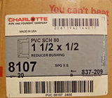 Charlotte 08107 2400 PVC Reducer Bushing 1-1/2 Spigot x 1/2 Slip (Box of 20)