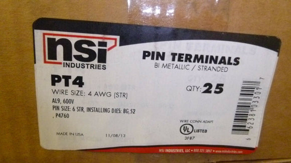 NSI Industries Pin Terminals PT4 Wire Size: 4 AWG (STR) Box of 25