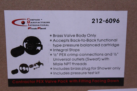212-6096 Paquete de válvulas Pex Fitting Compass CMI Brass Tub/Shower Rough en válvula