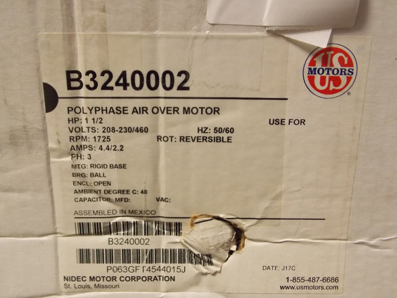 Motores de EE. UU. B3240002 Motor de ventilador 1-1/2 HP 230/460V 3 fase