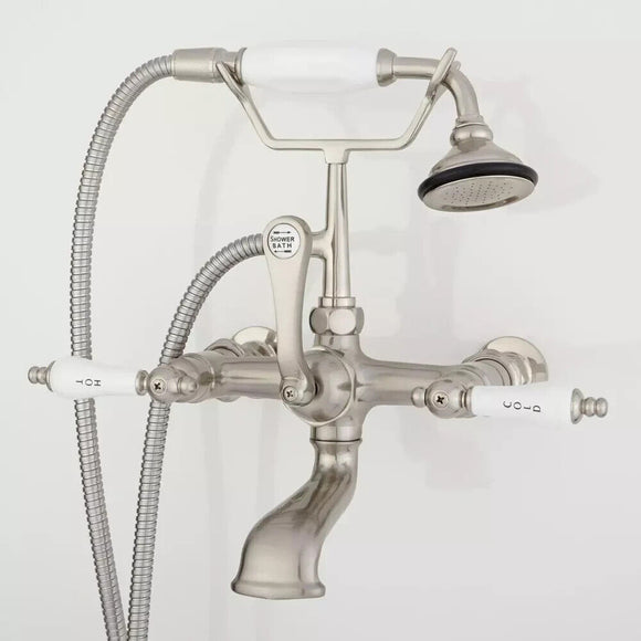 Signature Hardware Wall-Mount Telephone Faucet w Porcelain Lever Handles, Nickel