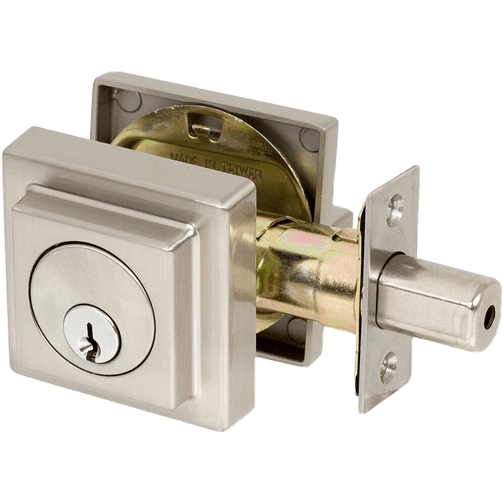 Discount clearance closeout open box and discontinued Delaney | Delaney Square Single Cylinder Deadbolt 355001 in Satin Nickel