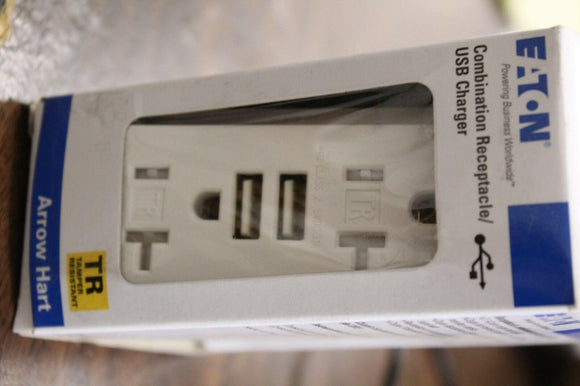 Discount clearance closeout open box and discontinued Eaton Electrical Parts | Eaton TR7756W 20 Amp 125V Combination USB 3.1A Charger with Duplex Receptacle...