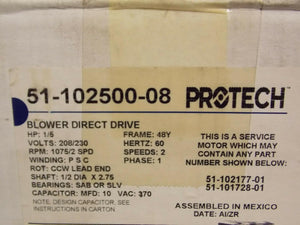 Discount clearance closeout open box and discontinued Protech HVAC | Protech HVAC Blower Motor 51-102500-08 Rheem 1/5Hp 208-230V 1075Rpm 2Sp Mtr