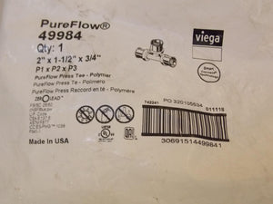 Discount clearance closeout open box and discontinued Viega Faucets , Shower , Plumbing Fixtures and Parts | Viega PureFlow 49984 , 2 x 1-1/2 x 3/4 in. Press Reducing Polymer PEX Tee