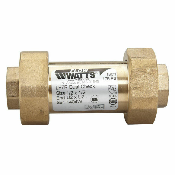 Discount clearance closeout open box and discontinued Watts Faucets , Shower , Plumbing Fixtures and Parts | Watts Dual Check Valve with Union Female 0072206 1/2 X 1/2 LF7RU2-U2 Lead Free